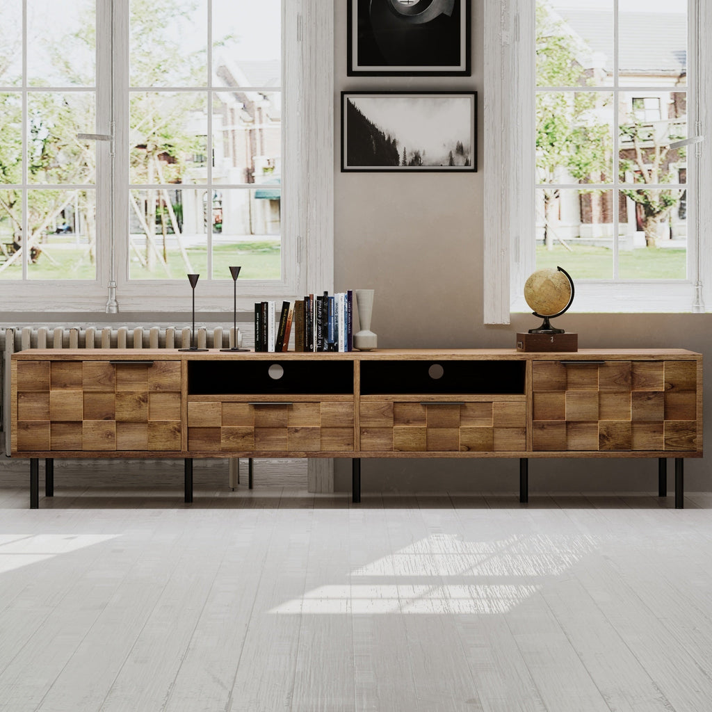 TV Stand Mid-Century Natural Particle Board 2-Drawer Open Storage Fits 85 In TV