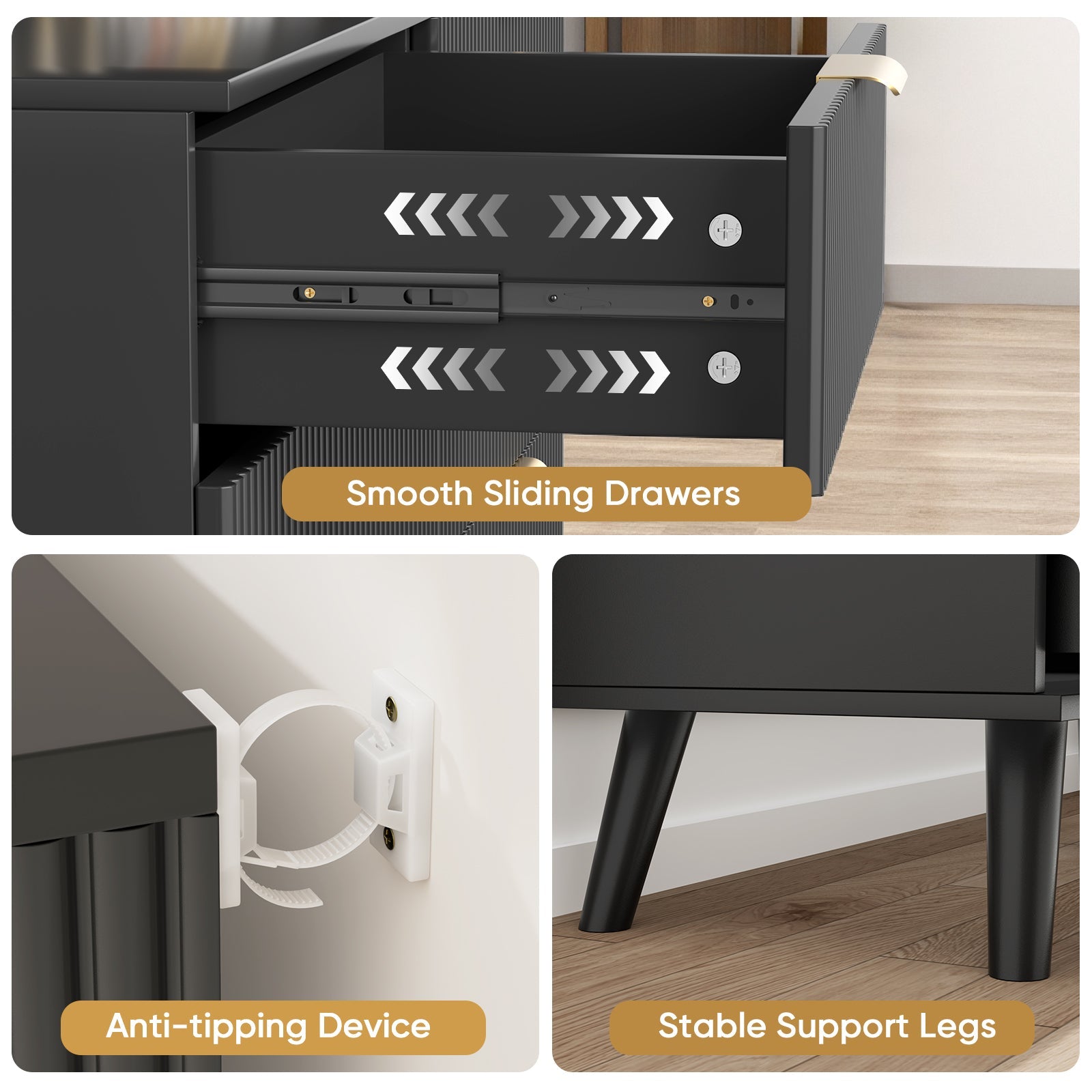 Dresser Boho 8-Drawer Black Particle Board Fluted Wave Relief 47.2x35.4 In