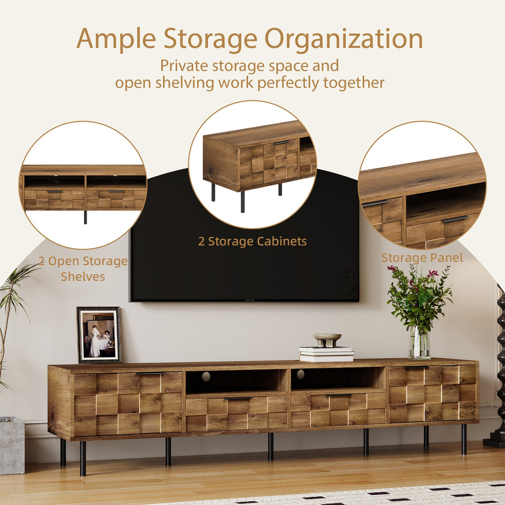 TV Stand Mid-Century Natural Particle Board 2-Drawer Open Storage Fits 85 In TV