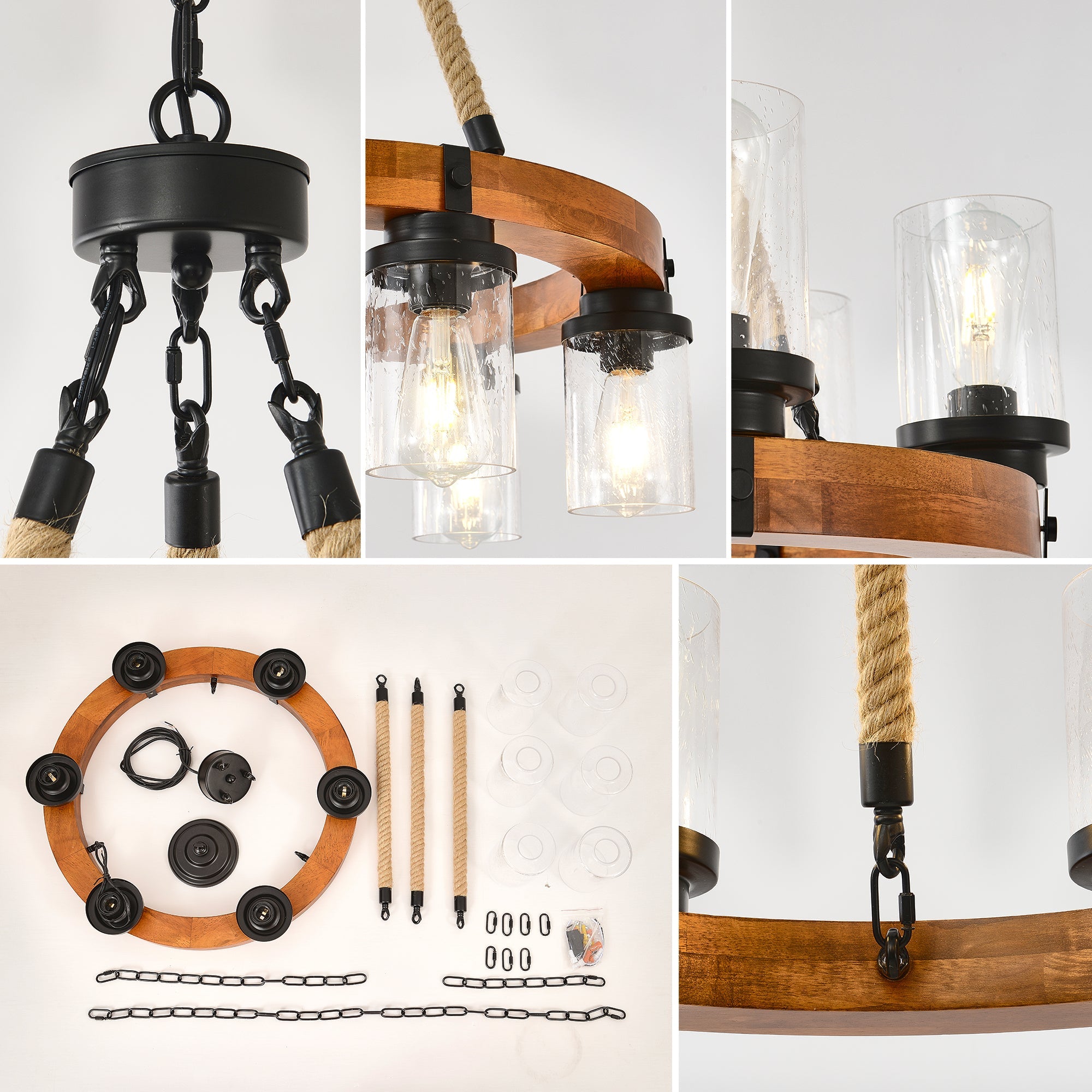 Chandelier Wood Round 6-Light Wagon Wheel Farmhouse Seeded Glass 23.62 In