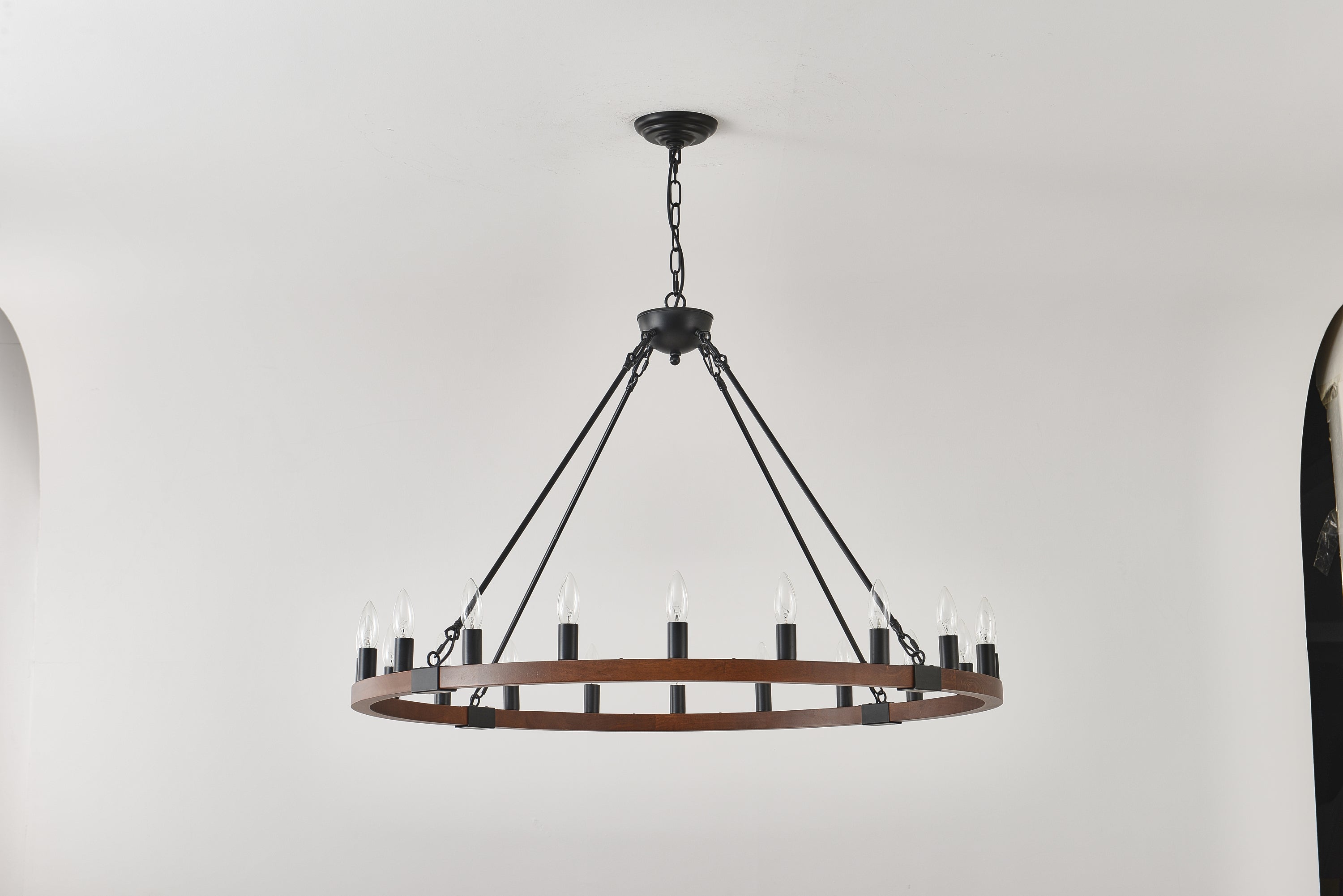 Chandelier Wood Wagon Wheel 20-Light Farmhouse Matte Black 39.3 In