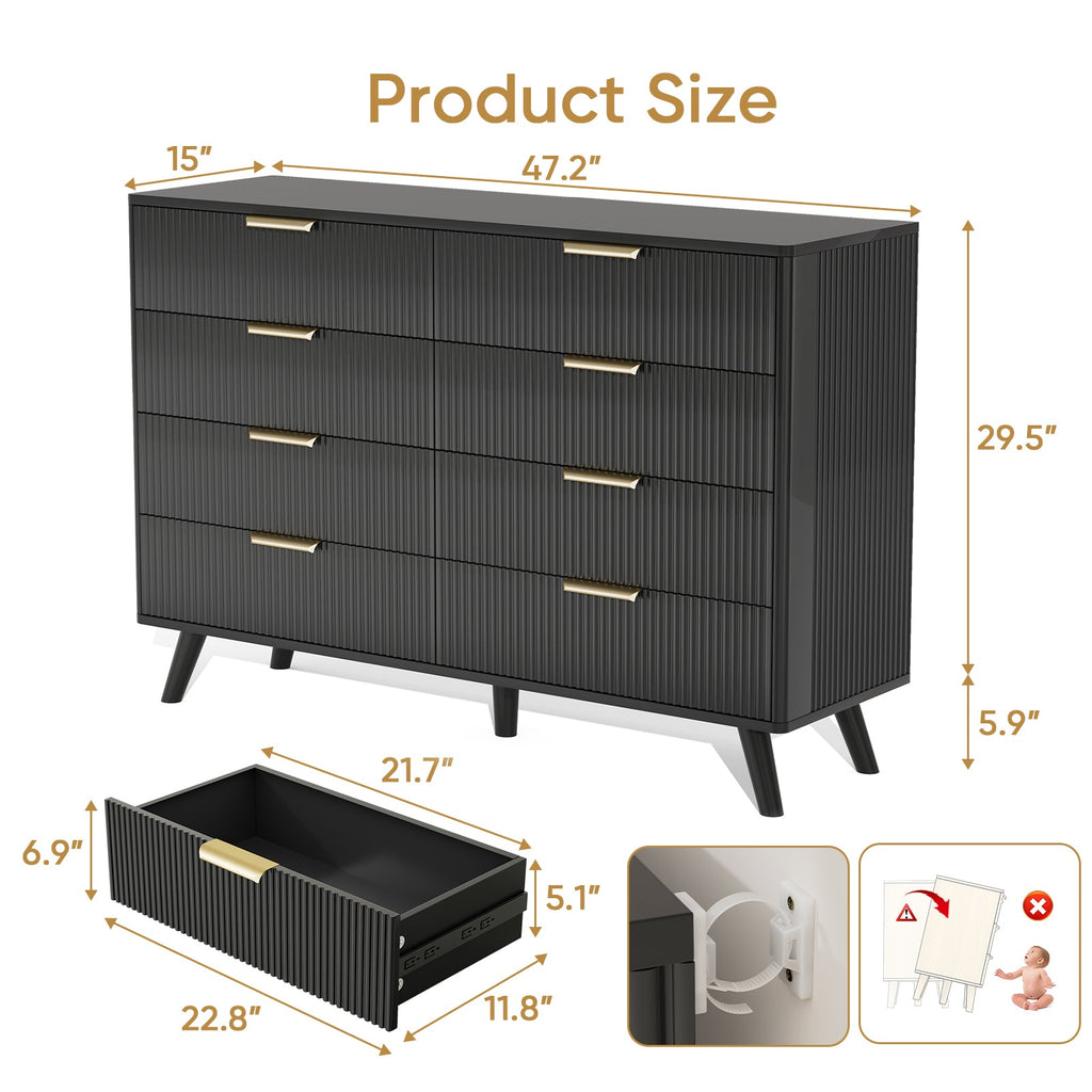 Dresser Boho 8-Drawer Black Particle Board Fluted Wave Relief 47.2x35.4 In