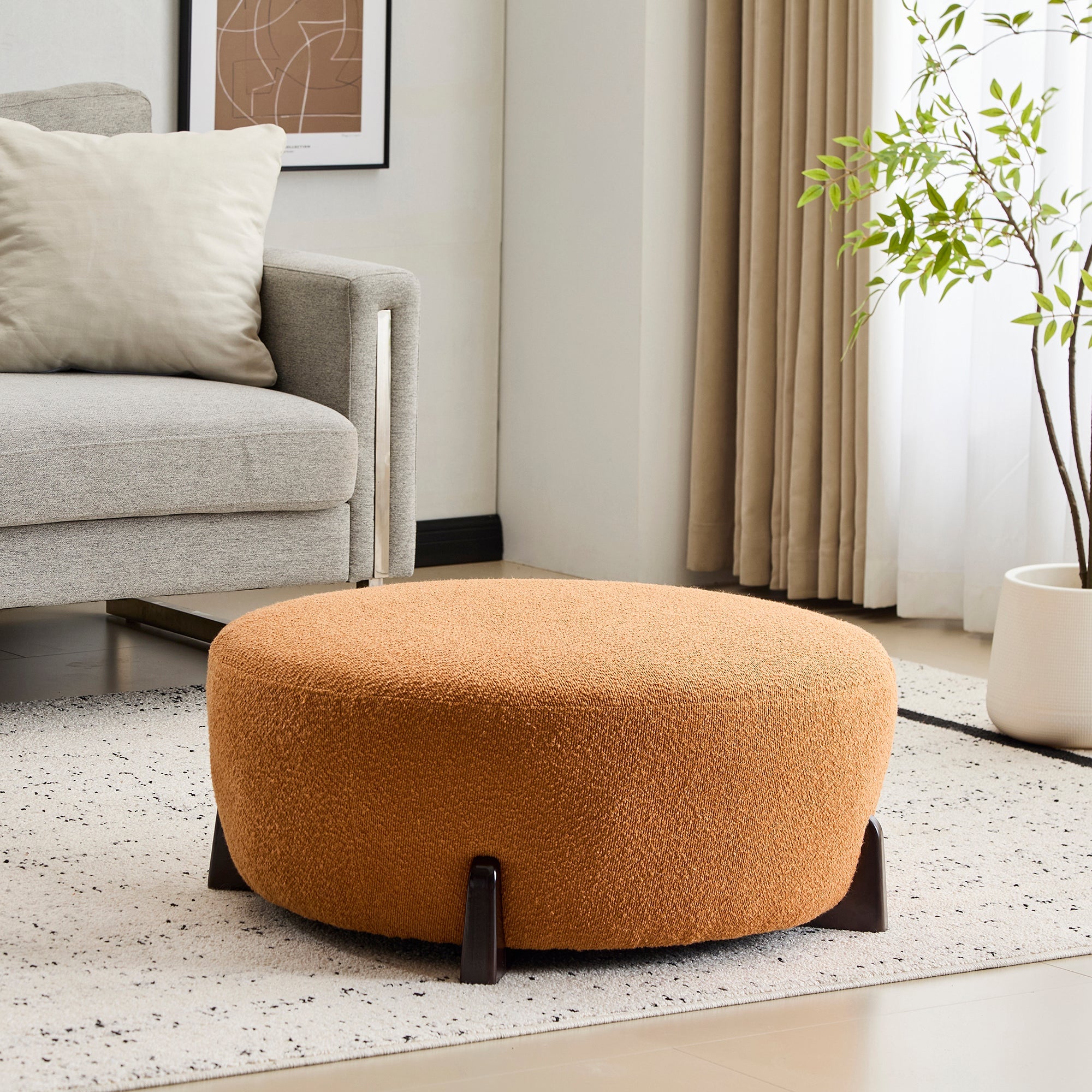 Modish Round Ottoman Boucle Top Splayed Rubberwood Legs, Pumpkin Orange