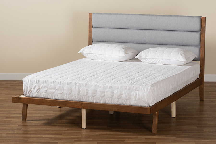 Baxton Studio Jarlan Modern and Contemporary Transitional Grey Fabric Upholstered and Walnut Brown Finished Wood King Size Platform Bed