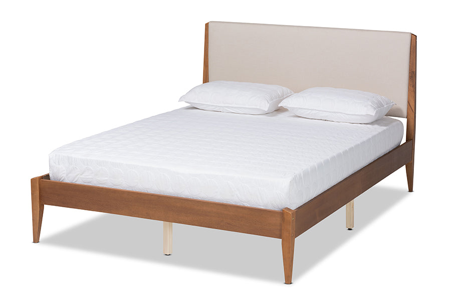 Baxton Studio Lenora Mid-Century Modern Beige Fabric Upholstered and Walnut Brown Finished Wood King Size Platform Bed