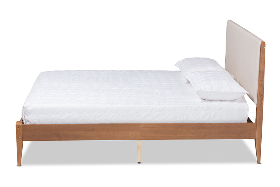 Baxton Studio Lenora Mid-Century Modern Beige Fabric Upholstered and Walnut Brown Finished Wood King Size Platform Bed