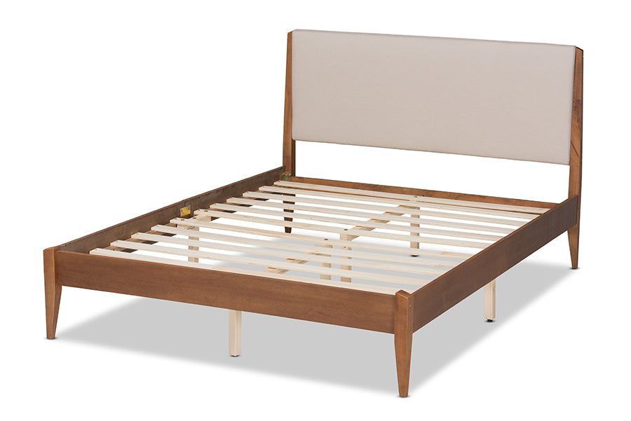 Baxton Studio Lenora Mid-Century Modern Beige Fabric Upholstered and Walnut Brown Finished Wood King Size Platform Bed