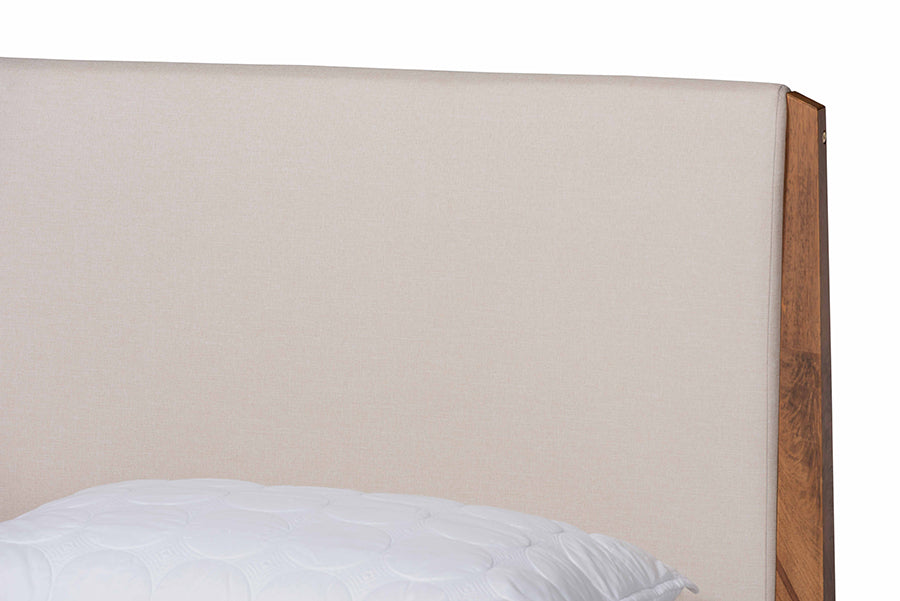 Baxton Studio Lenora Mid-Century Modern Beige Fabric Upholstered and Walnut Brown Finished Wood King Size Platform Bed