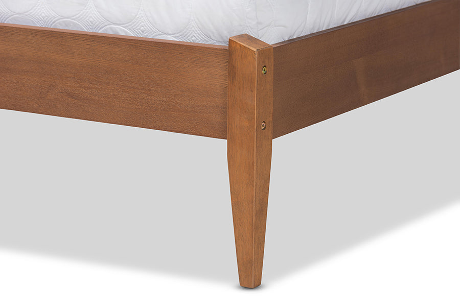 Baxton Studio Lenora Mid-Century Modern Beige Fabric Upholstered and Walnut Brown Finished Wood Full Size Platform Bed
