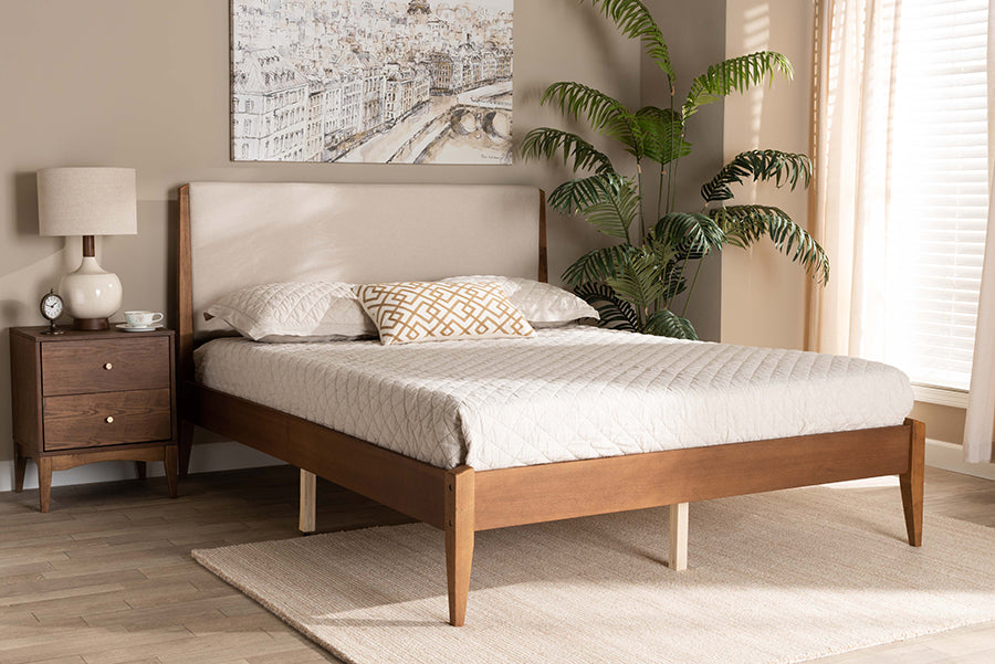 Baxton Studio Lenora Mid-Century Modern Beige Fabric Upholstered and Walnut Brown Finished Wood King Size Platform Bed