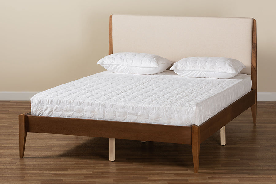 Baxton Studio Lenora Mid-Century Modern Beige Fabric Upholstered and Walnut Brown Finished Wood King Size Platform Bed