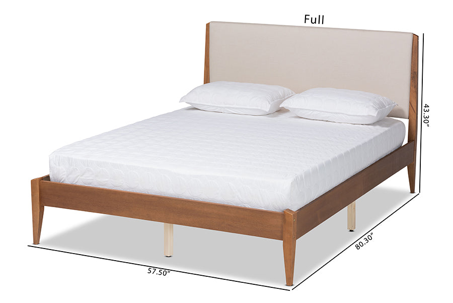 Baxton Studio Lenora Mid-Century Modern Beige Fabric Upholstered and Walnut Brown Finished Wood King Size Platform Bed