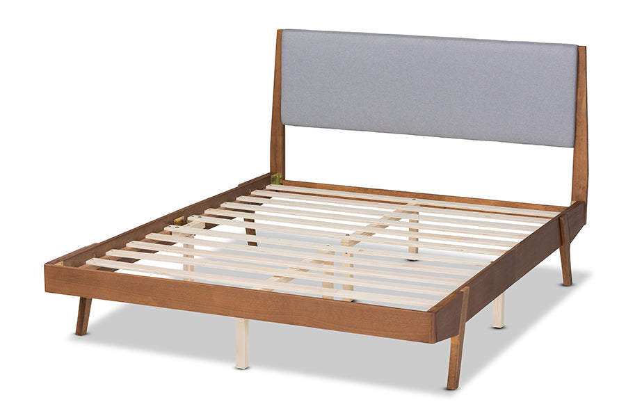 Baxton Studio Senna Mid-Century Modern Grey Fabric Upholstered and Walnut Brown Finished Wood Queen Size Platform Bed