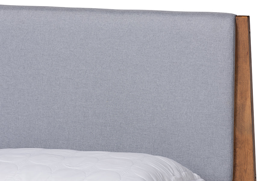 Baxton Studio Senna Mid-Century Modern Grey Fabric Upholstered and Walnut Brown Finished Wood King Size Platform Bed