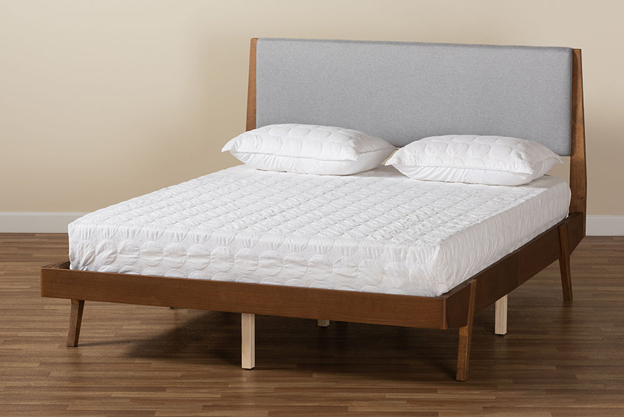 Baxton Studio Senna Mid-Century Modern Grey Fabric Upholstered and Walnut Brown Finished Wood King Size Platform Bed