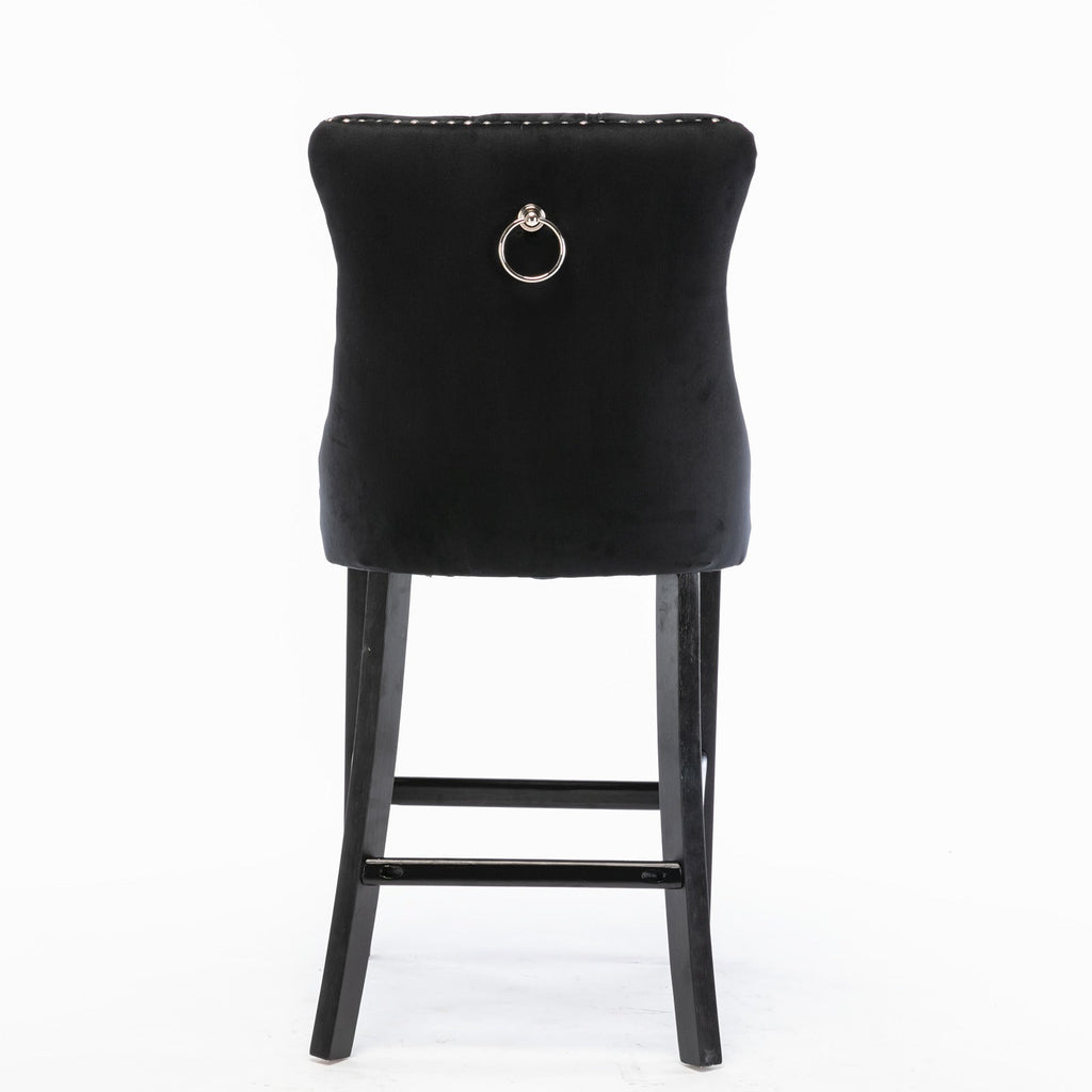 Contemporary Velvet Upholstered Barstools Button Tufted with Wood Legs, Set of 2, Black