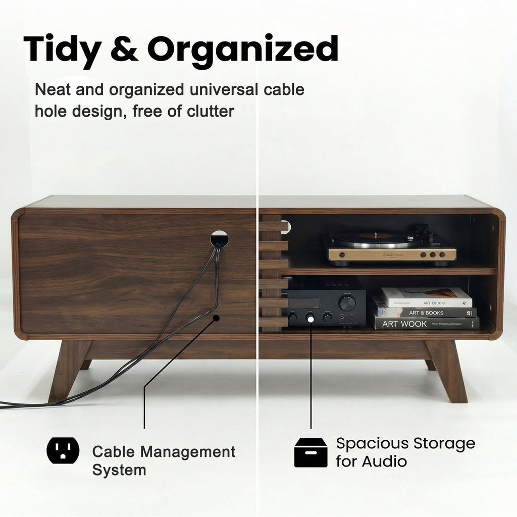 TV Stand Walnut MDF Slatted Sliding Door Fits 50 In TV Cable Management
