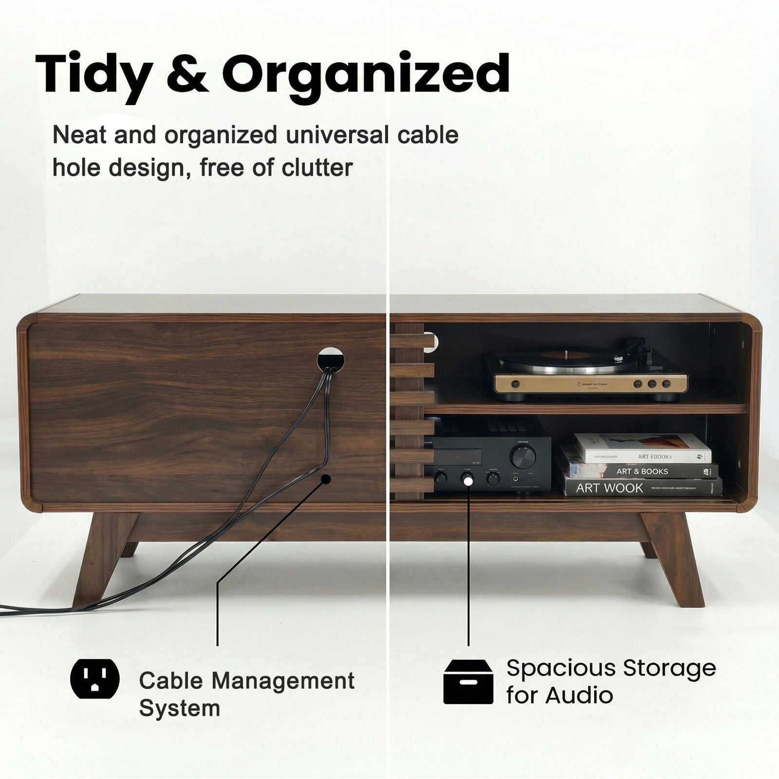TV Stand Walnut MDF Slatted Sliding Door Fits 50 In TV Cable Management