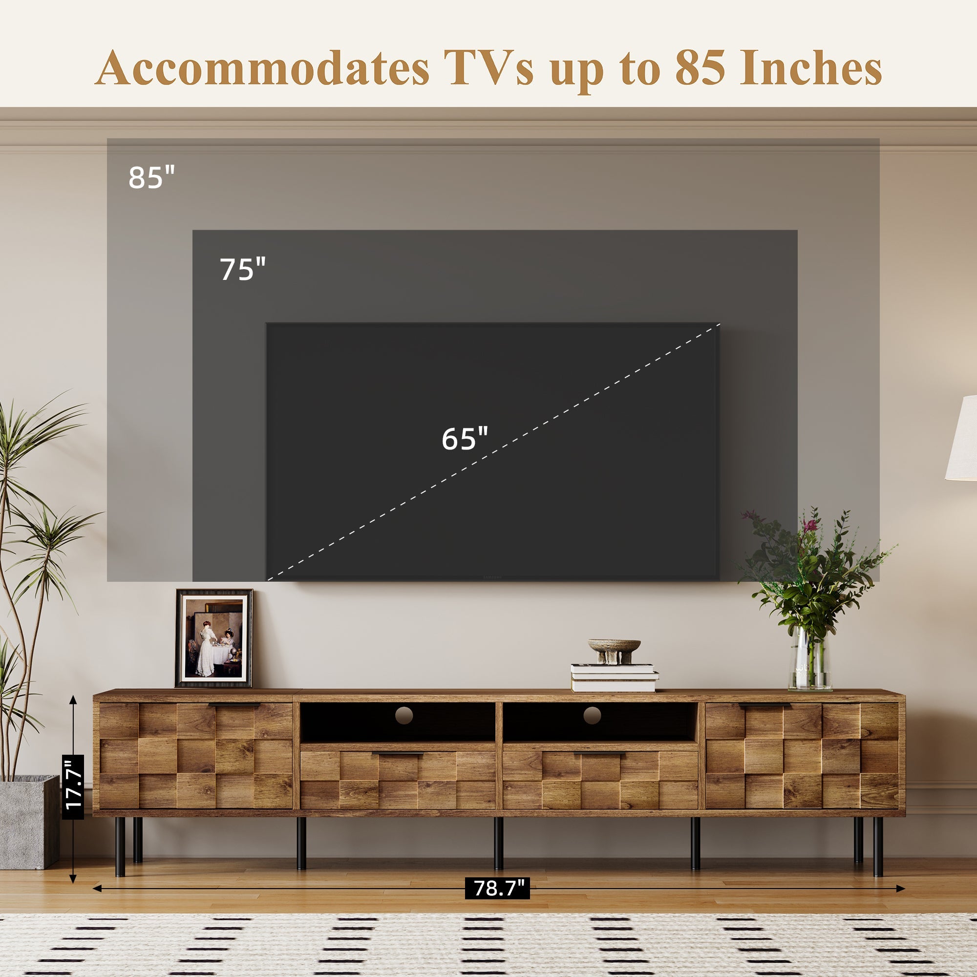 TV Stand Mid-Century Natural Particle Board 2-Drawer Open Storage Fits 85 In TV