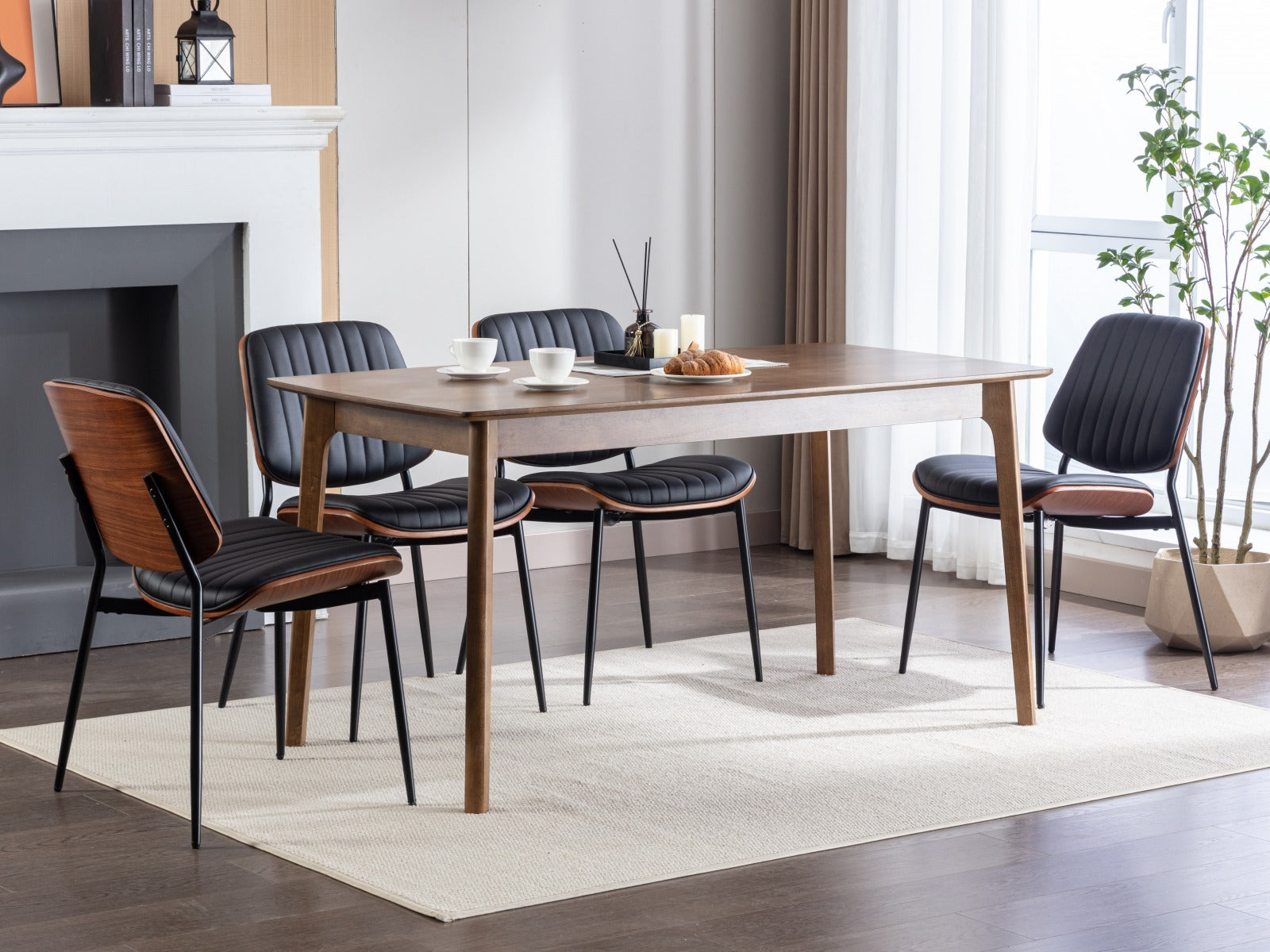 Dining Chairs Set of 2 Mid Century Modern Retro Faux Leather Chair with Walnut