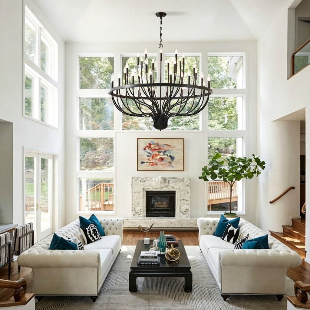 Chandelier 36-Light Black Industrial Iron Candle Farmhouse Pendant