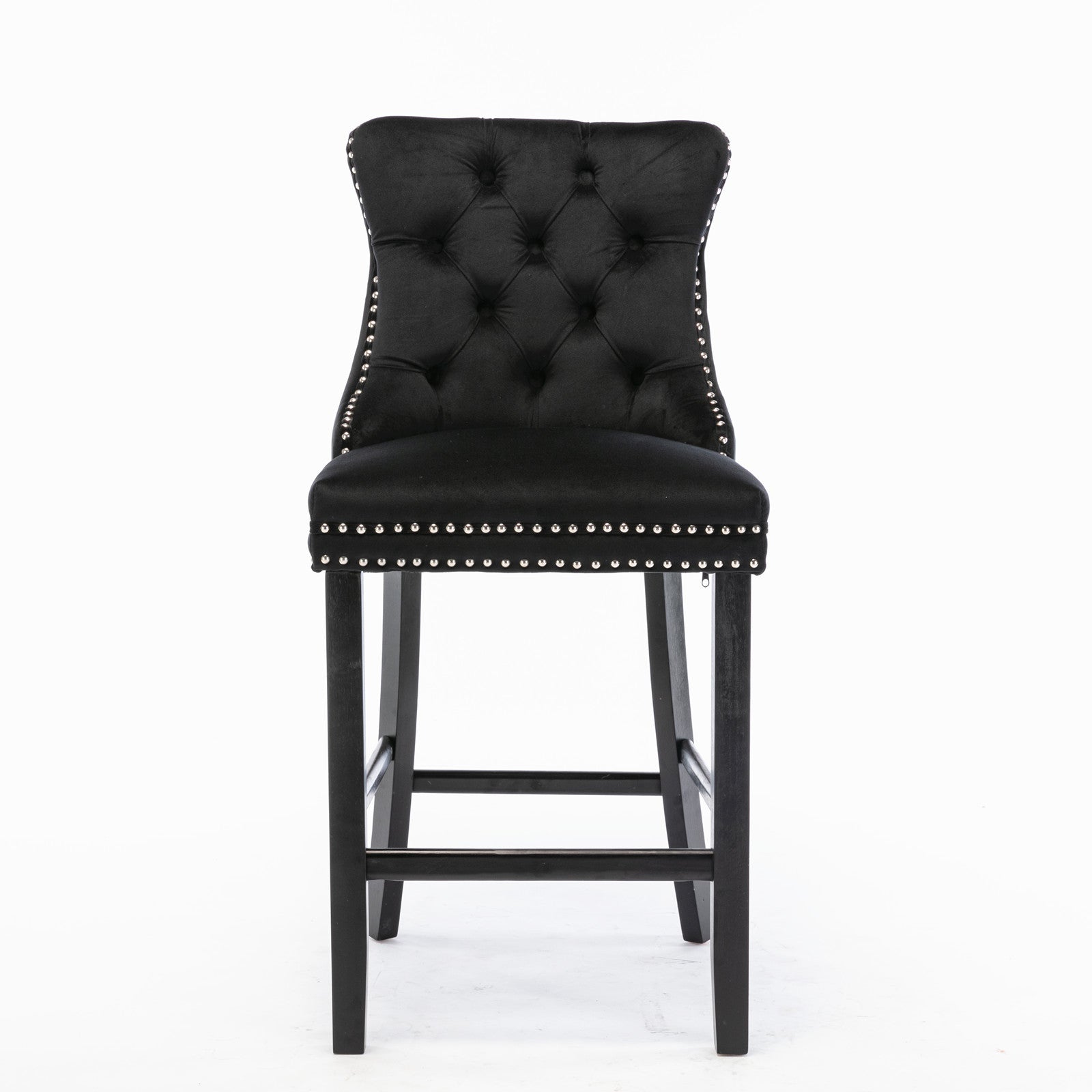 Contemporary Velvet Upholstered Barstools Button Tufted with Wood Legs, Set of 2, Black