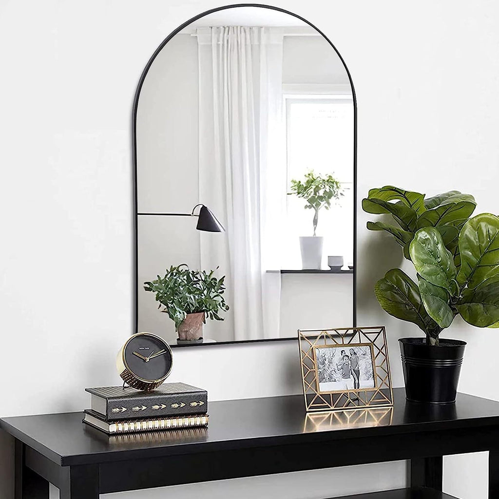 Wall Mirror Arched Aluminum Frame Black 24x36 In Shatterproof Film