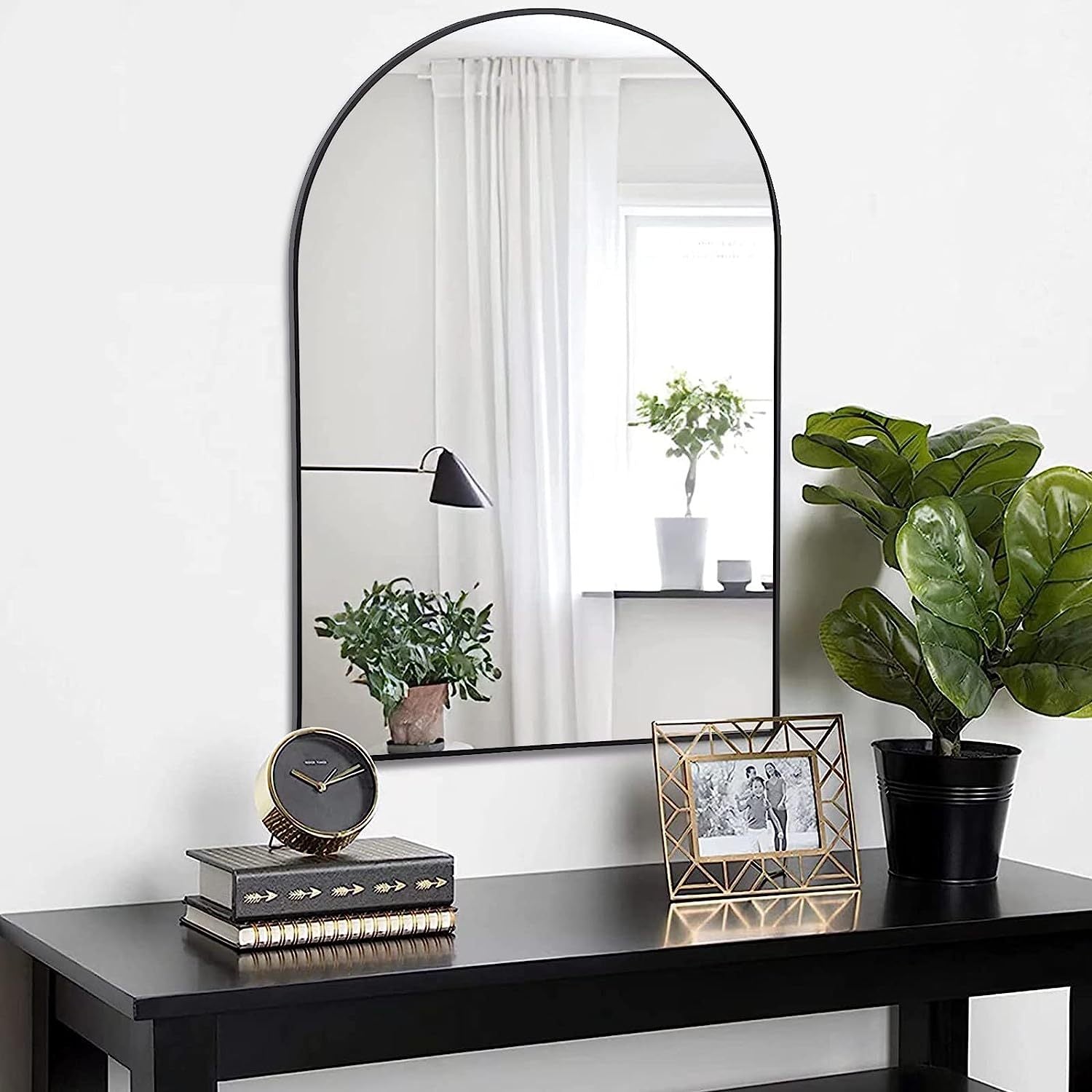Wall Mirror Arched Aluminum Frame Black 24x36 In Shatterproof Film