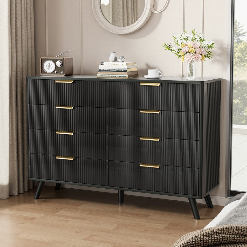 Dresser Boho 8-Drawer Black Particle Board Fluted Wave Relief 47.2x35.4 In