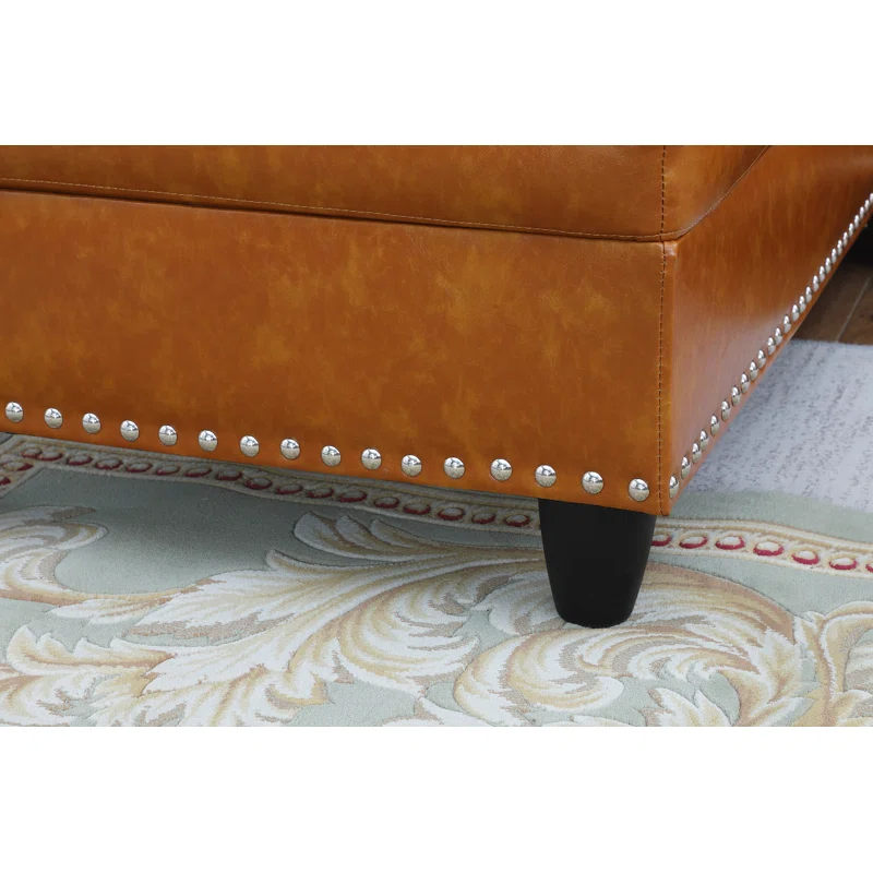 Sectional Sofa L-Shape Faux Leather Ginger 3 Seat Tufted Nailhead