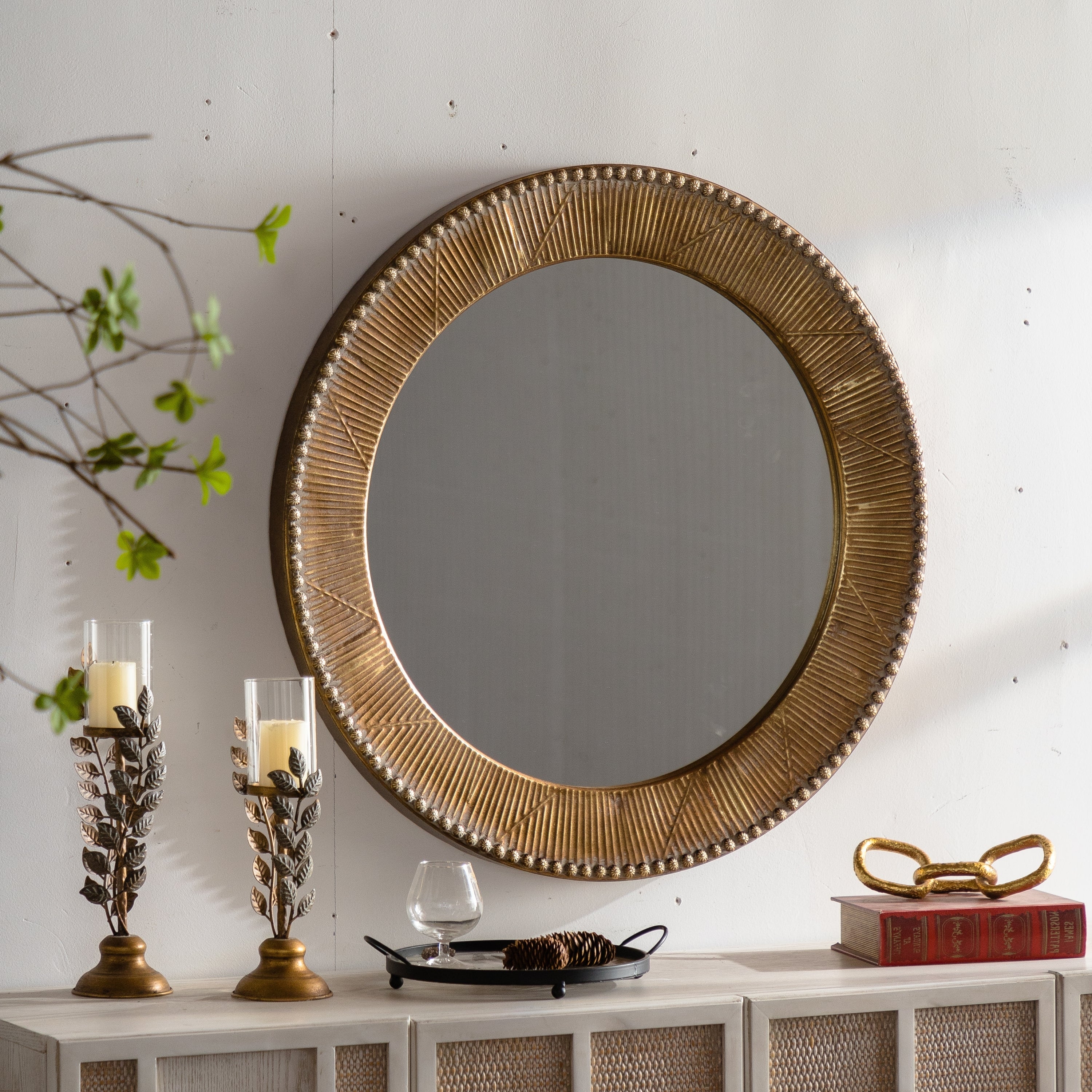 Wall Mirror Round Gold Textured Iron Frame Boho Vintage 31.3 In
