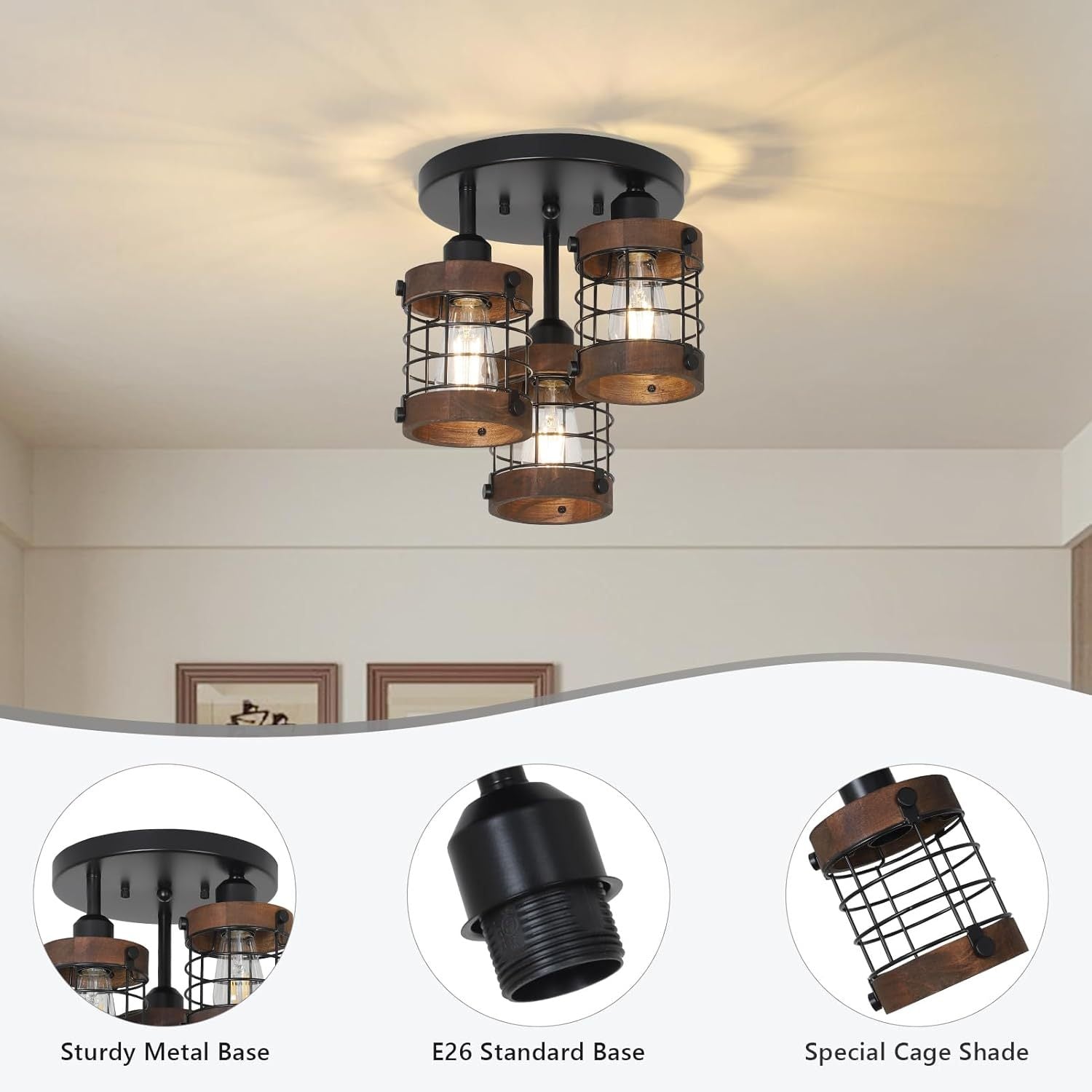 Semi Flush Mount Ceiling Light 3-Light Farmhouse Chandelier Fixtures