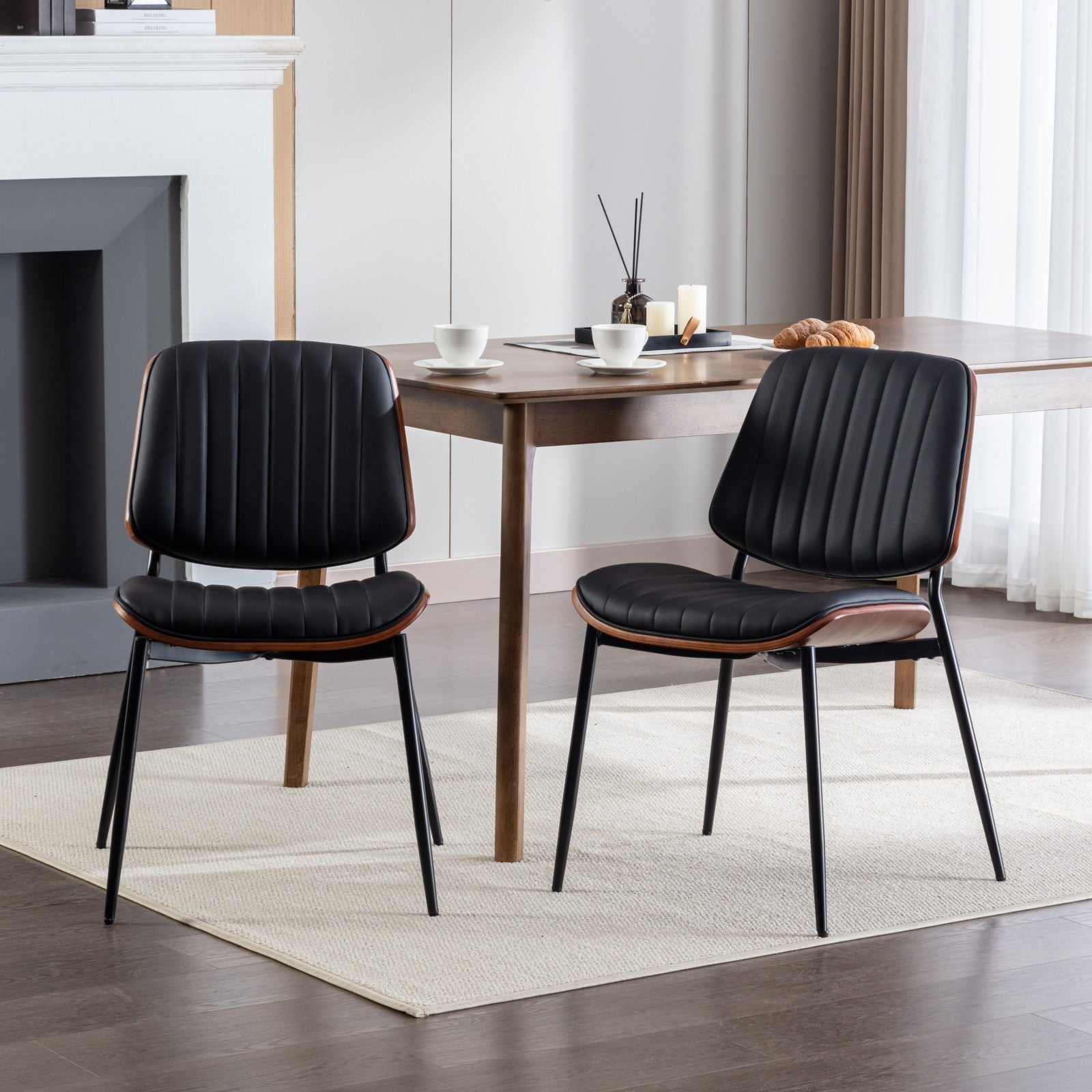 Dining Chairs Set of 2 Mid Century Modern Retro Faux Leather Chair with Walnut