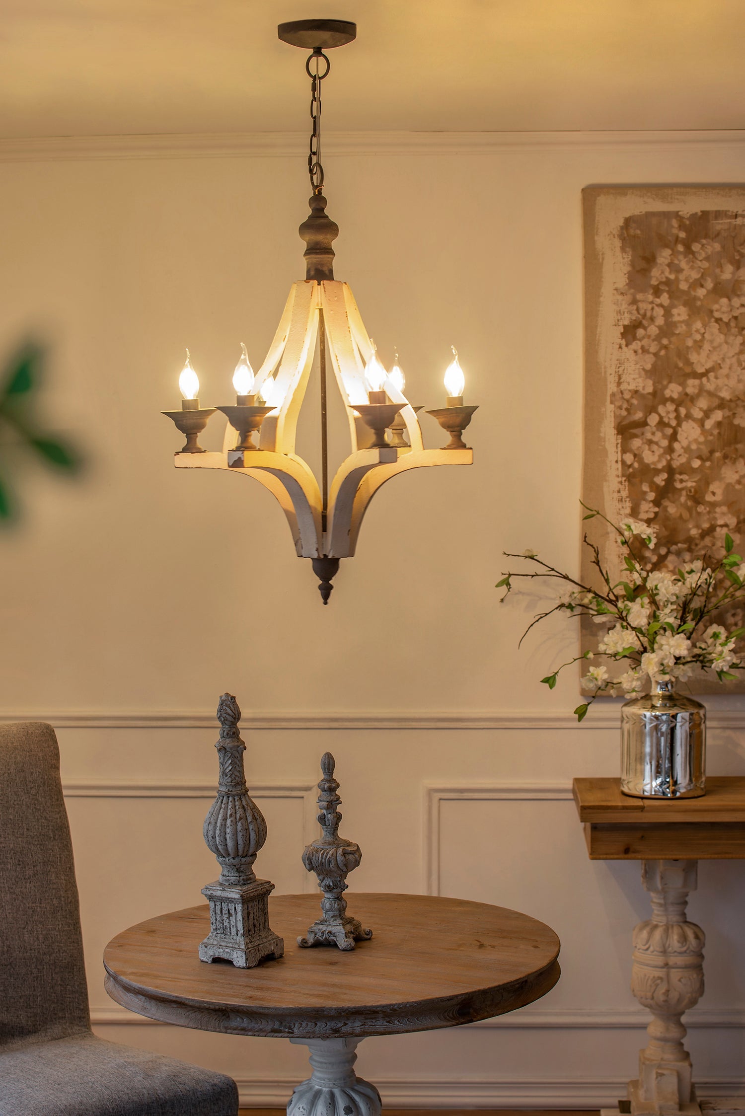 Chandelier 6-Light Wood Hanging Adjustable Chain Kitchen Dining