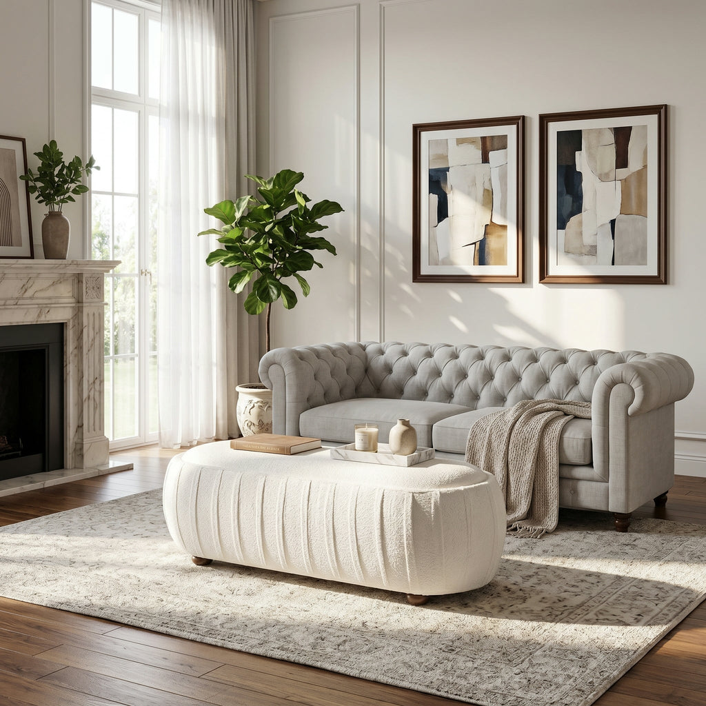 Upholstered Oval Ottoman White Boucle Fabric Rubberwood Legs
