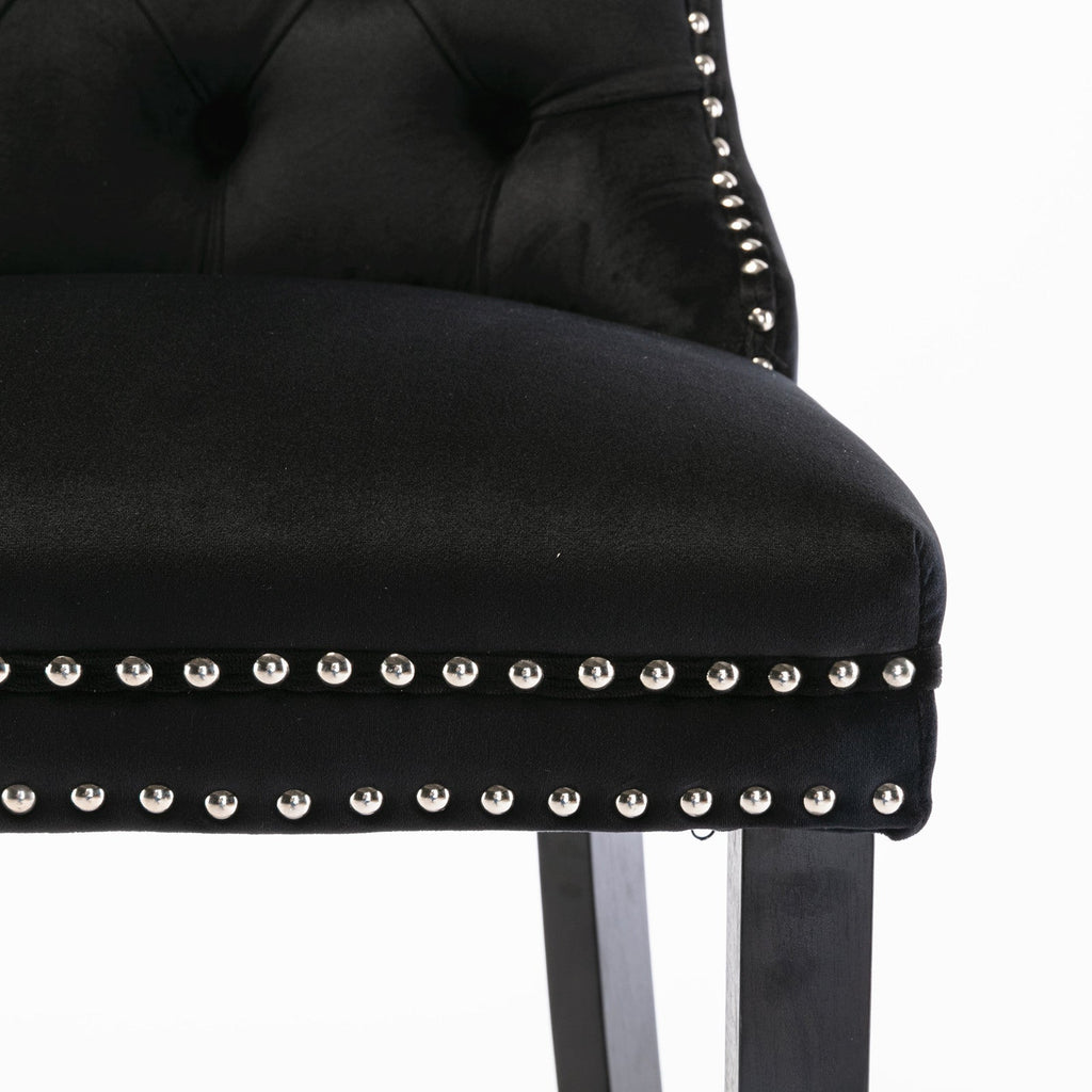 Contemporary Velvet Upholstered Barstools Button Tufted with Wood Legs, Set of 2, Black