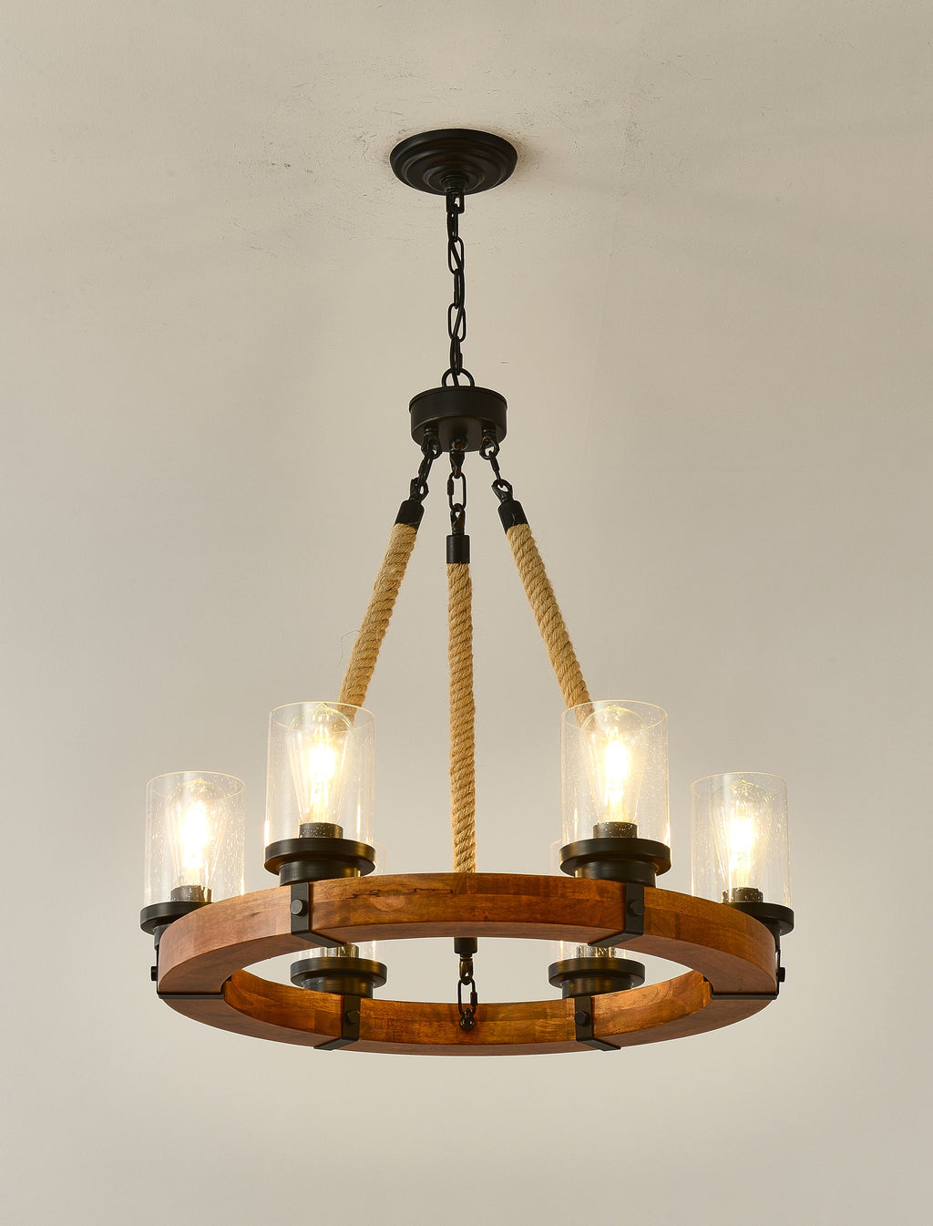 Chandelier Wood Round 6-Light Wagon Wheel Farmhouse Seeded Glass 23.62 In