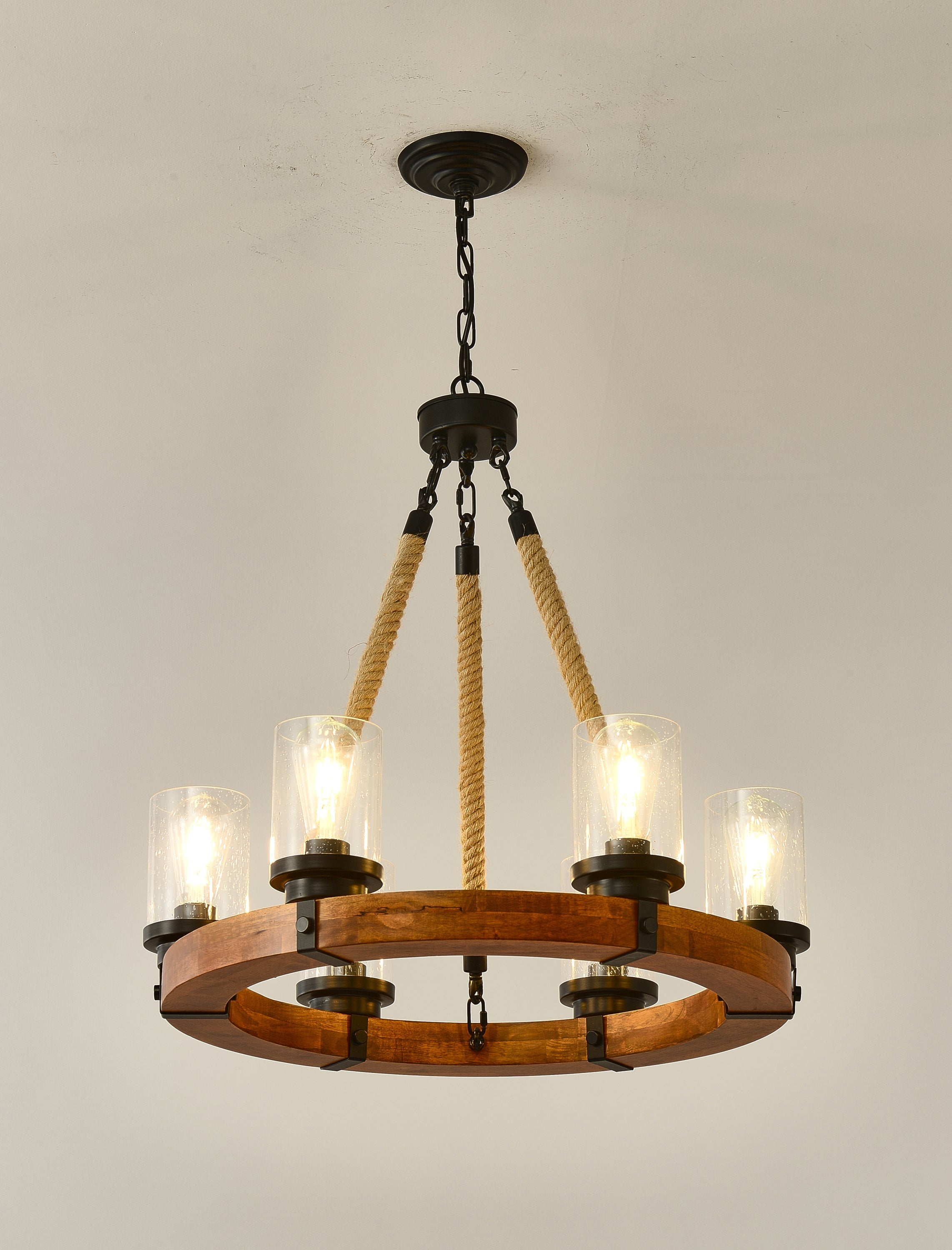 Chandelier Wood Round 6-Light Wagon Wheel Farmhouse Seeded Glass 23.62 In