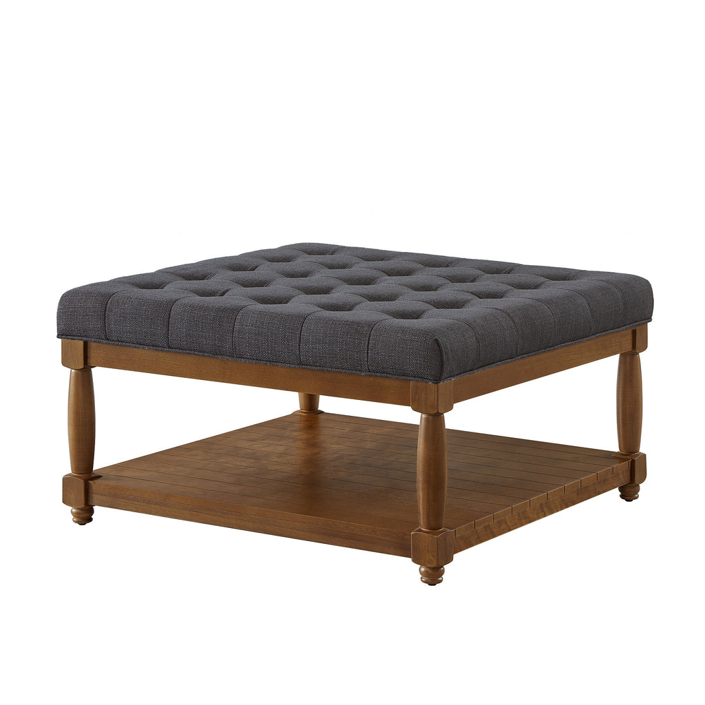 Large Square Upholstered Tufted Linen Ottoman Coffee Table, Charcoal