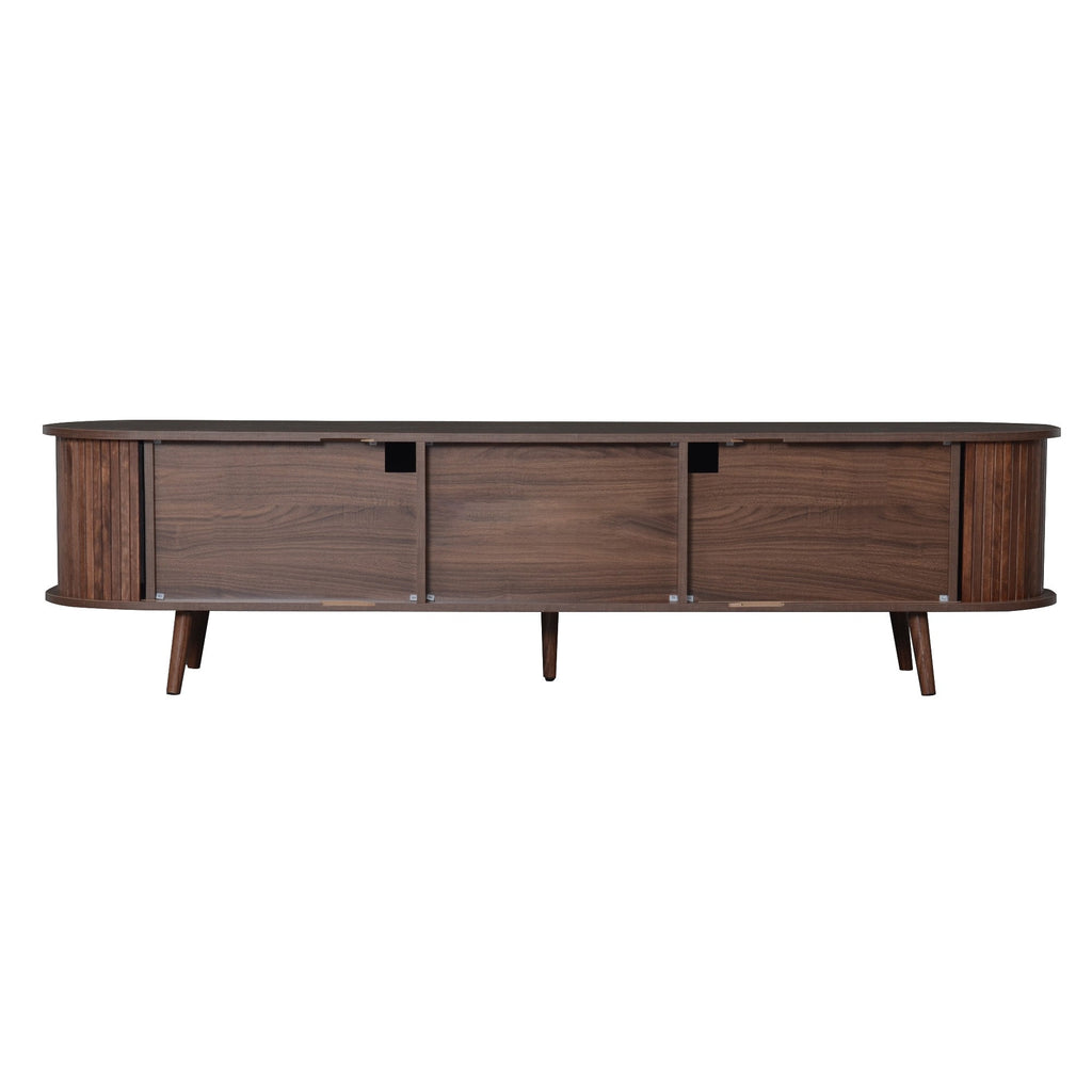TV Stand Mid-Century Dark Brown Solid Wood Sliding Door Fits 80 In TV 70.8 In