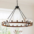 Chandelier Wood Wagon Wheel 20-Light Farmhouse Matte Black 39.3 In