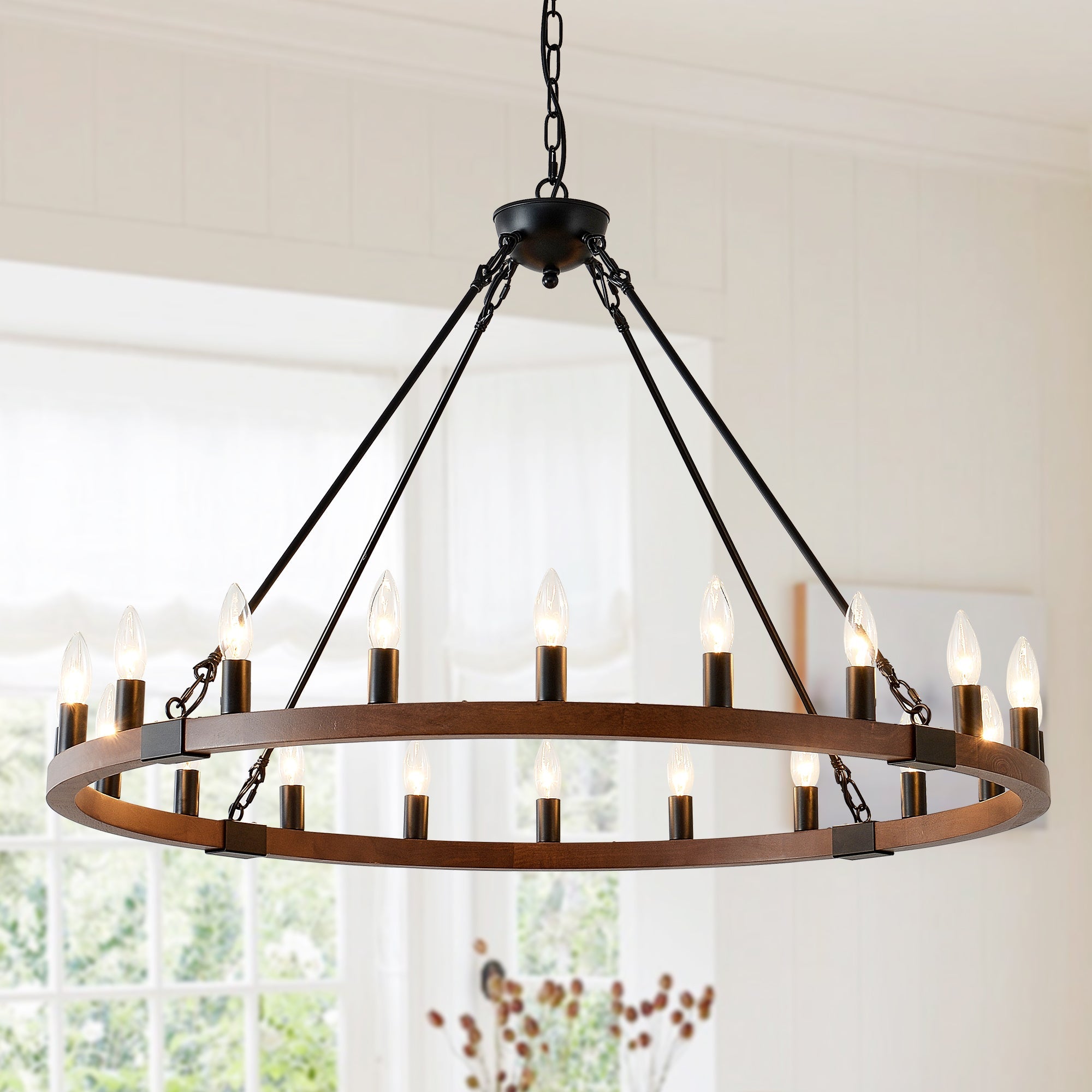Chandelier Wood Wagon Wheel 20-Light Farmhouse Matte Black 39.3 In