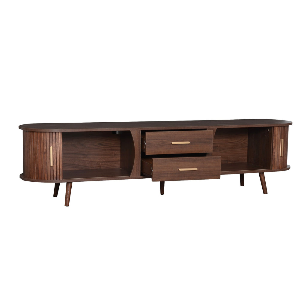 TV Stand Mid-Century Dark Brown Solid Wood Sliding Door Fits 80 In TV 70.8 In