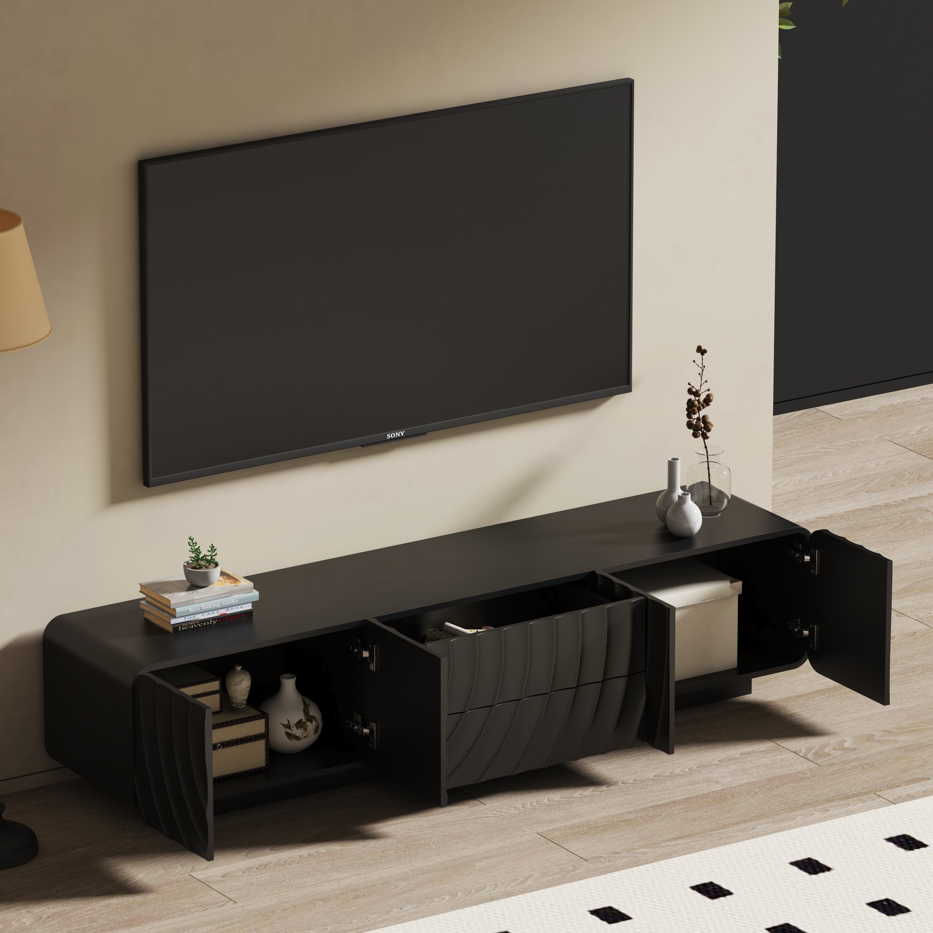 TV Stand Modern Spiral Wave Black MDF Floating Base Fits 85 In TV 70.9 In