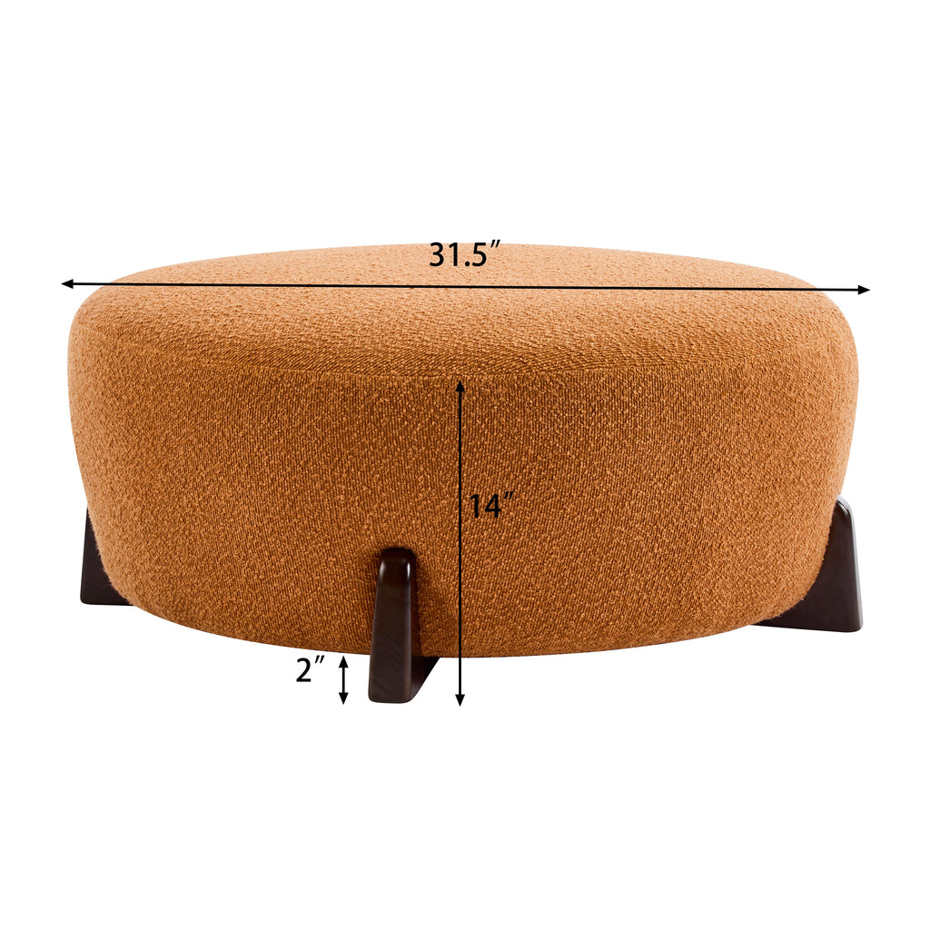 Modish Round Ottoman Boucle Top Splayed Rubberwood Legs, Pumpkin Orange