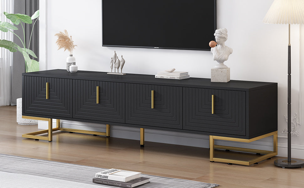 TV Stand Modern Black Gold Geometric Door MDF Adjustable Shelves Fits 80 In