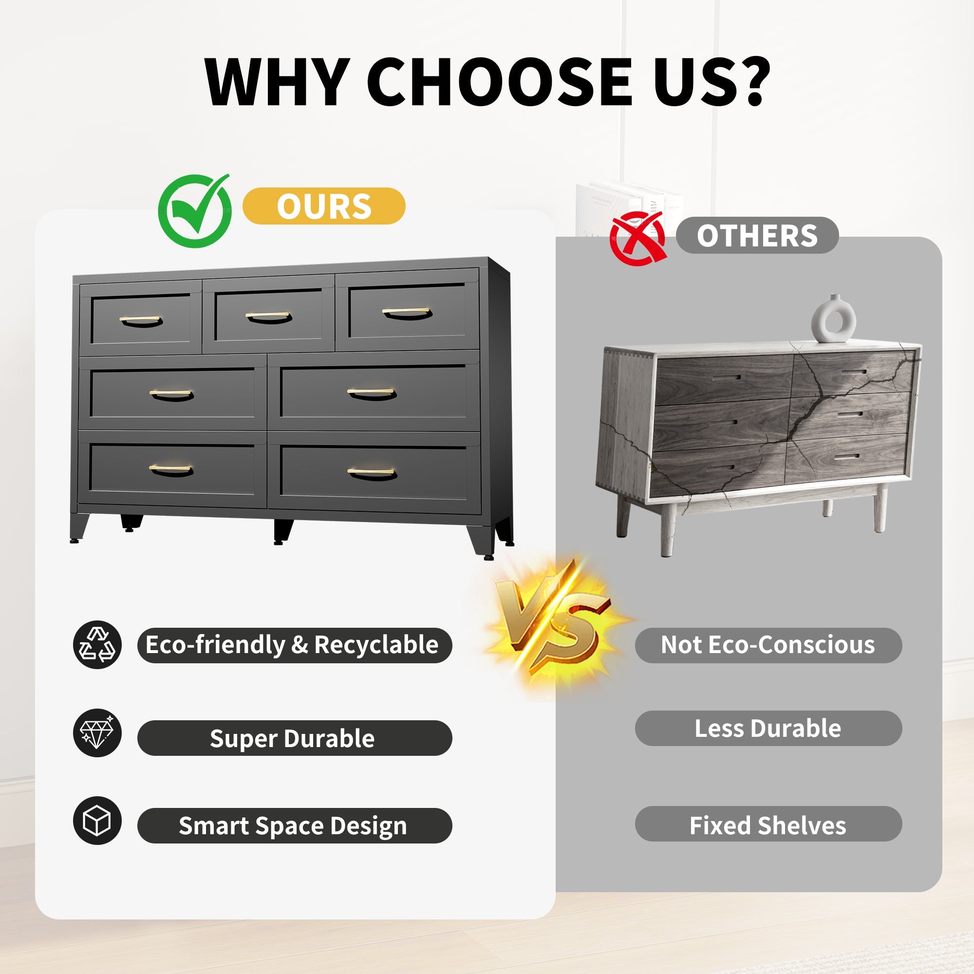 Dresser Low-Profile 7-Drawer Black Steel Smooth Glide 47.3x15.8x30.8 In