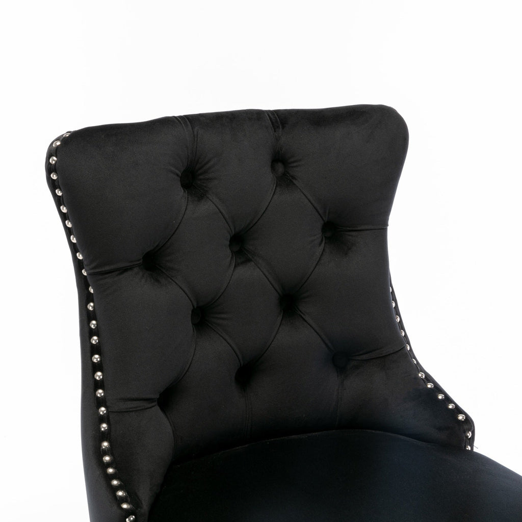 Contemporary Velvet Upholstered Barstools Button Tufted with Wood Legs, Set of 2, Black