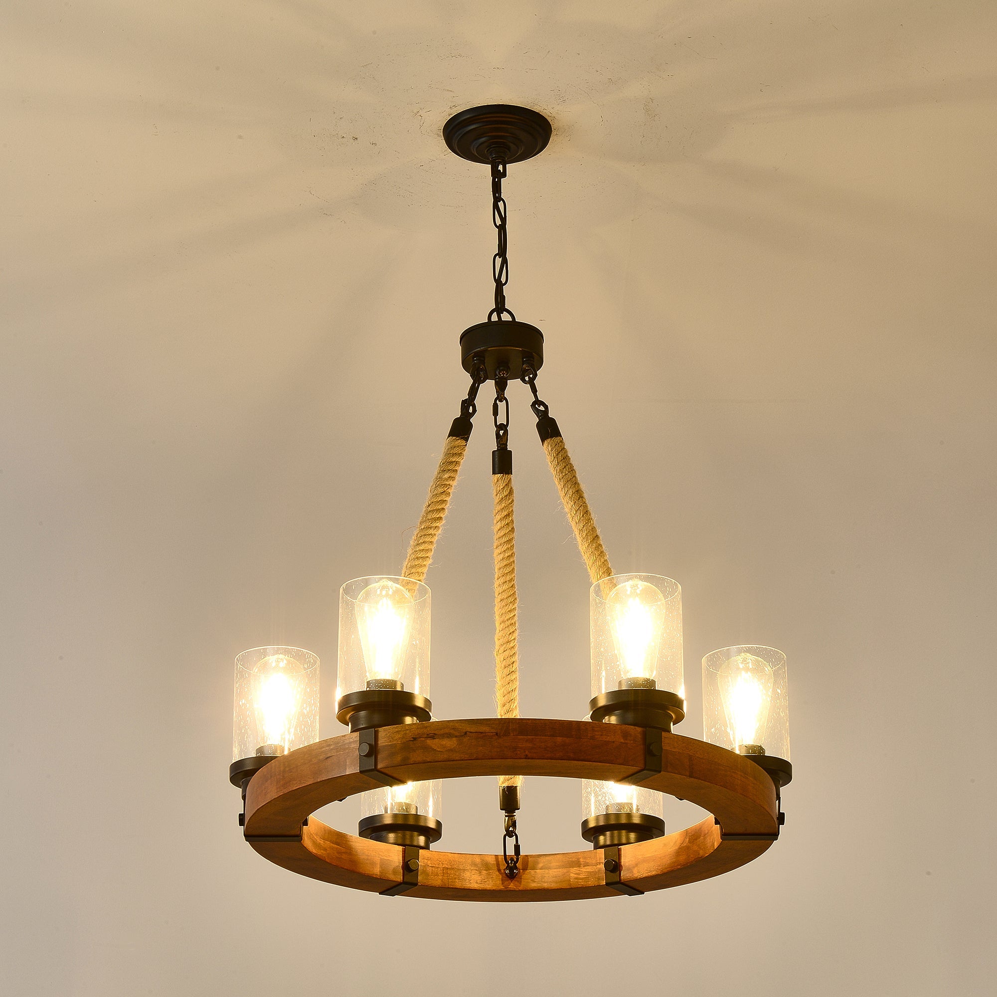 Chandelier Wood Round 6-Light Wagon Wheel Farmhouse Seeded Glass 23.62 In