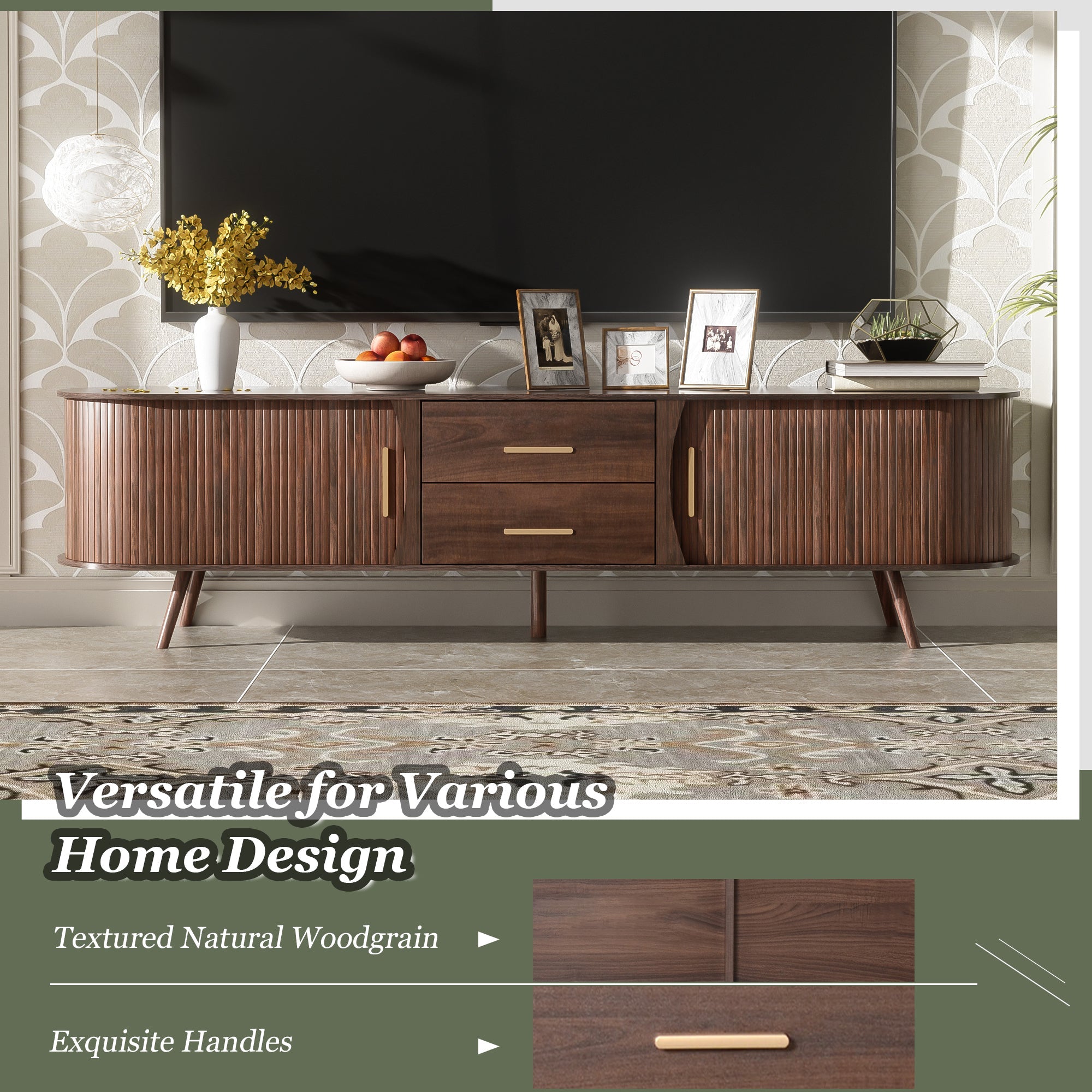 TV Stand Mid-Century Dark Brown Solid Wood Sliding Door Fits 80 In TV 70.8 In